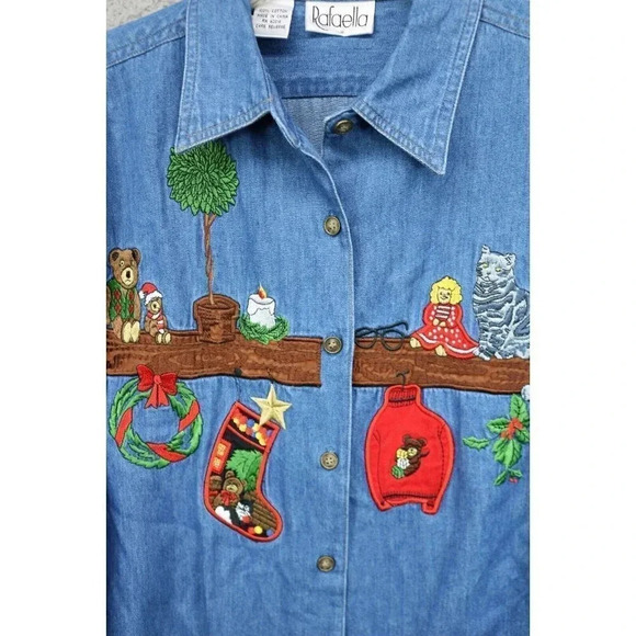 Rafaella Vintage Embroidered Christmas Denim Shirt-Size Large-90's - Picture 10 of 12